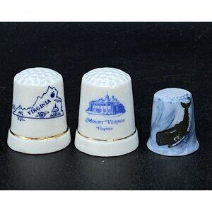 Blue Killer Whale State Virginia Mount Vernon Thimble Ceramic LOT 3 Vintage